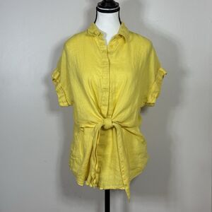 Lauren Ralph Lauren Womens Linen Tie Front Top M Yellow Button Up Dolman Sleeve